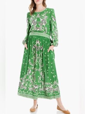 Max Studio Green Floral Puff-Sleeve Maxi Dress